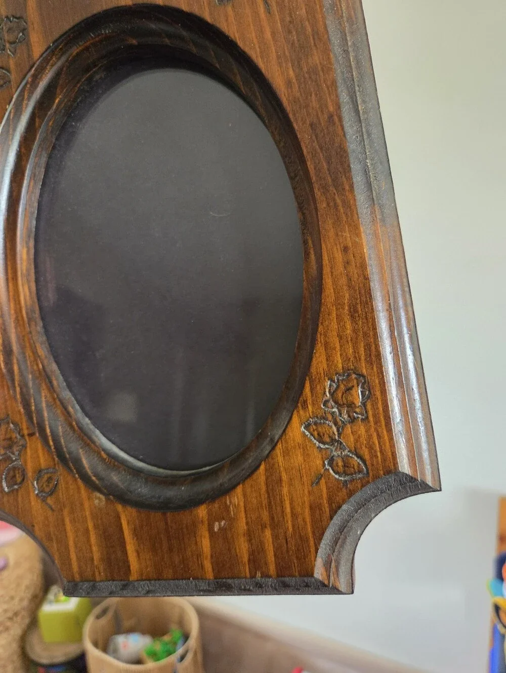 Vintage Wood Picture Frame Oval Insert Rustic Farmhouse Floral Etched Wood Frame